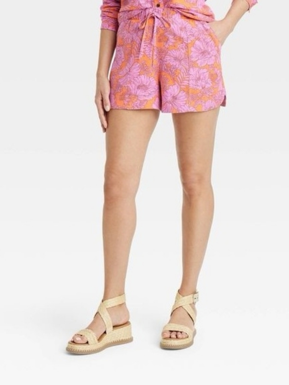 Women's Floral Drawstring Linen Shorts - Pink & Orange